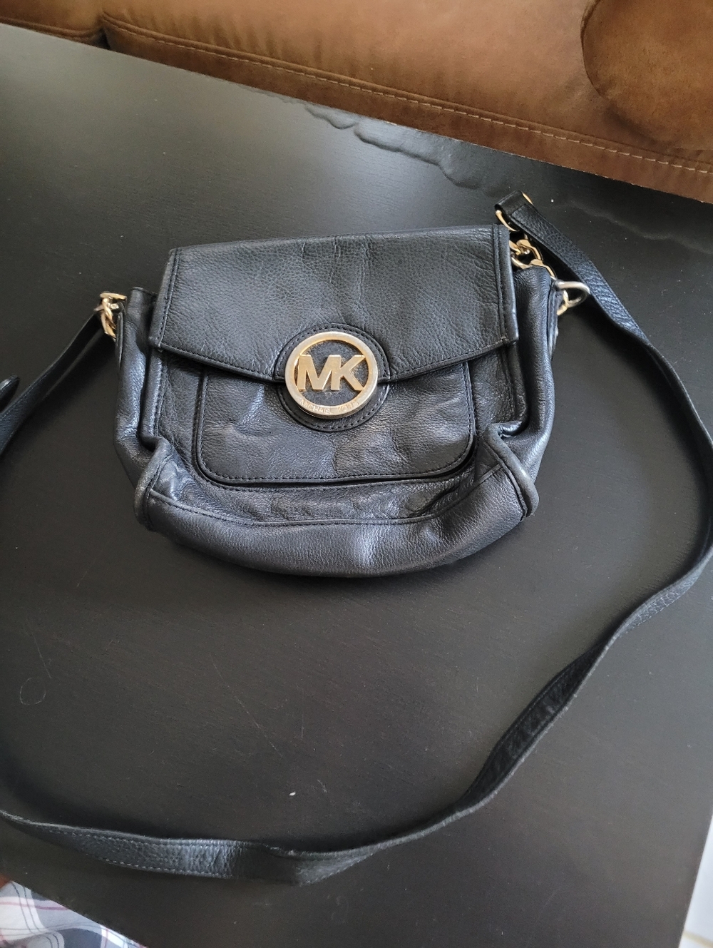 Michael Kors Black Leather MK Medallion Crossbody Bag